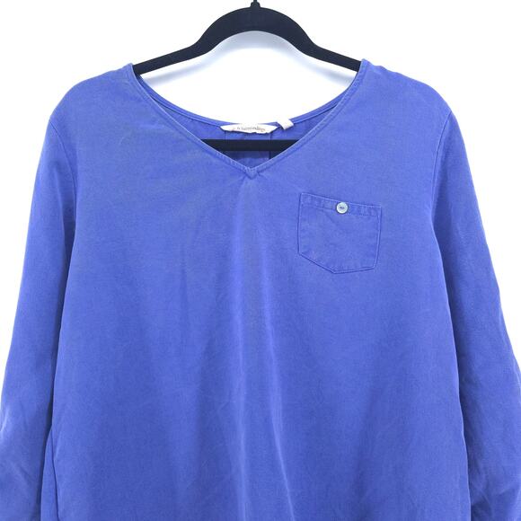 Soft Surroundings 27747 V-Neck Tencil Periwinkle Blouse Roll-tab Sleeve Pocket M - Picture 3 of 10